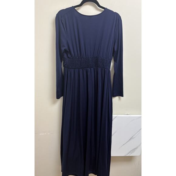Anrabess Navy Maxi Dress Women’s Large Long Sleeve Deep V Neck Ruched Waist - Picture 2 of 5